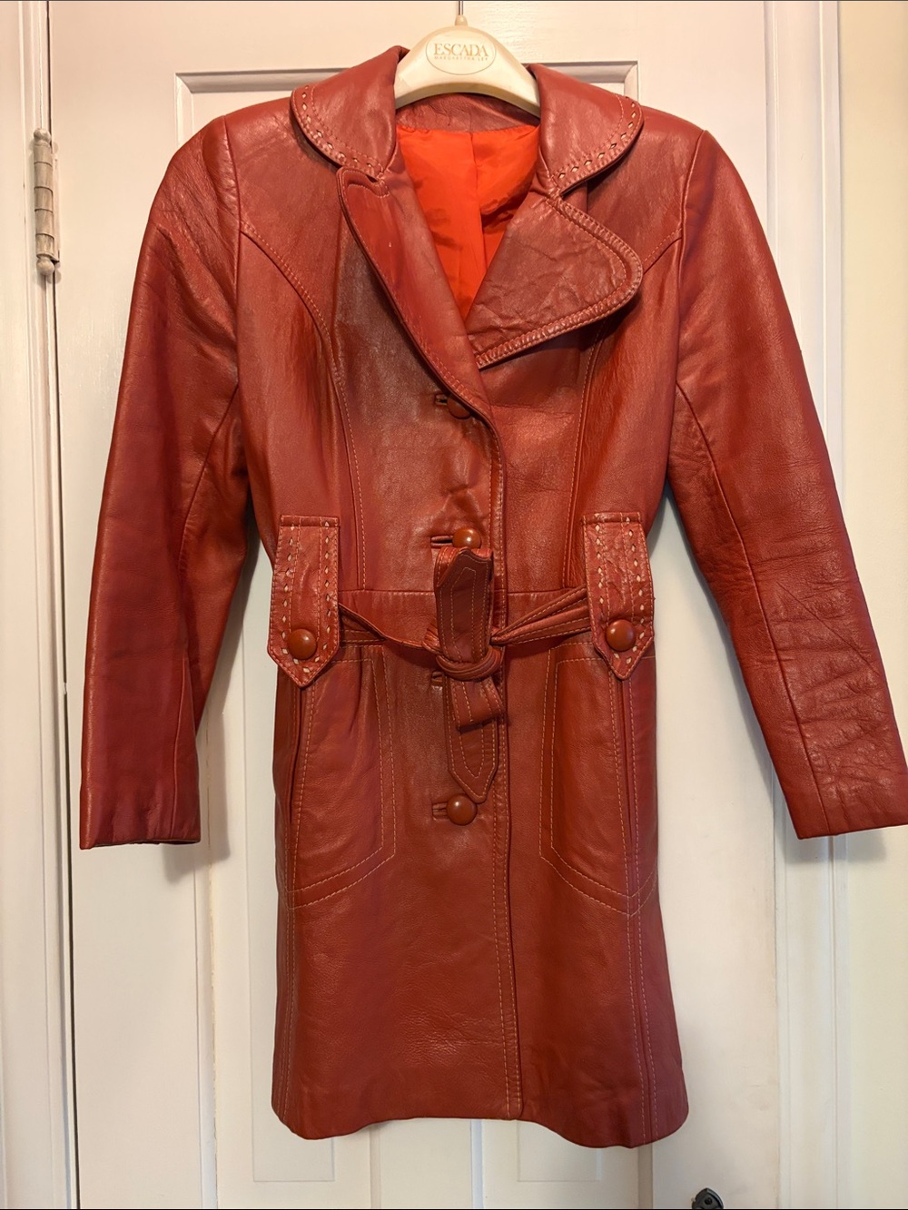 Women's orange Leather Trench Coat - Elegant Long Jacket